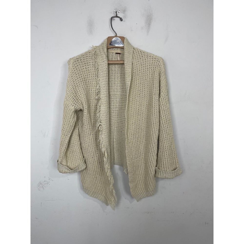 Free People‎ Silk Cotton Blend Open Front Fringe Cardigan Sweater Cream XS
